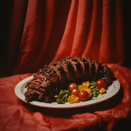 a sliced up large piece of meat sitting on top of a plate
