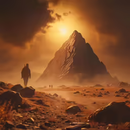 a man is standing in the desert near a mountain