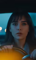 the woman is driving in the car and has very long hair