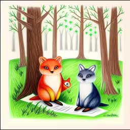 an adult fox and baby sitting under trees in the grass