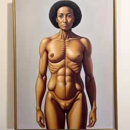 a painting that is on display with a very young black man in front,a painting of a naked, man posing on a wall