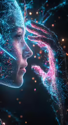 a woman in profile surrounded by bubbles and stars