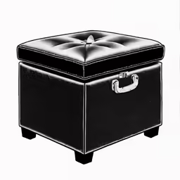 a black square ottoman with buttons and handles