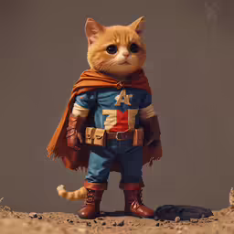 an orange cat dressed as captain america is posed on a grey background