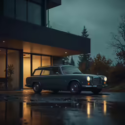 an old mercedes benz parked outside a hotel