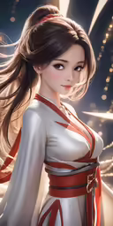 an asian woman wearing a white and red outfit