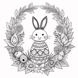 an illustration of a rabbit surrounded by flowers and leaves,an outline drawing with a rabbit, flowers and leaves around it,an outline art work of a rabbit in a wreath surrounded by plants,an illustration of a bunny in the center of a wreath with flowers and birds,an easter rabbit in a wreath with feathers
