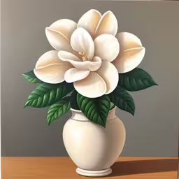 a painting of a white flower in a vase on the table,a painting of a white flower in a vase on a table