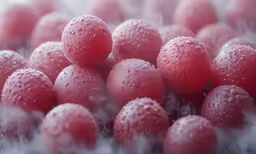 red berries are covered in ice as it sits in a bowl