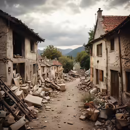 a run down, dusty old town with rubble and wood on the ground