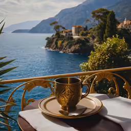 a cup sits on top of a table next to a scenic view of the ocean