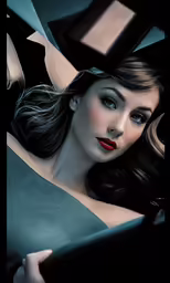 a woman with red lips and a makeup shadow