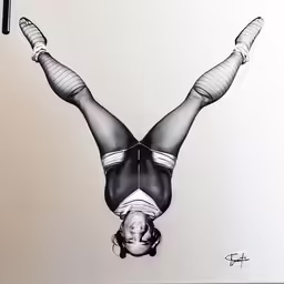 a drawing of a girl upside down with an umbrella