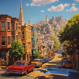 a painting of cars parked along a city street