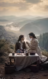 two women are talking and sitting on top of a hill