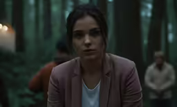 a woman sitting in the forest looking sad