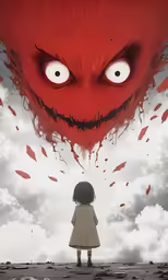 the girl is staring at a creepy creature with red hair