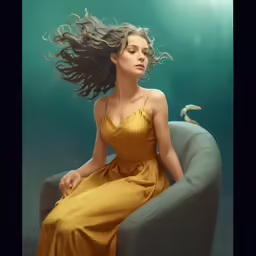 a beautiful young woman wearing a long yellow dress sits in a chair