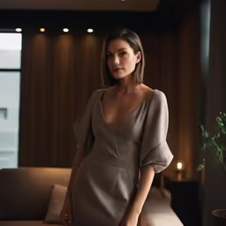 the woman in a dress is posing in front of a window