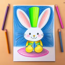 a drawing of a cartoon rabbit with a hat on,a drawing of a bunny with a hat and yellow pants