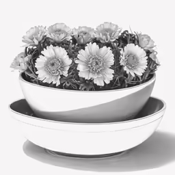 a bowl full of flowers with the stem still extended