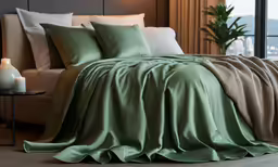 a hotel bed with sheets and pillows on top of it