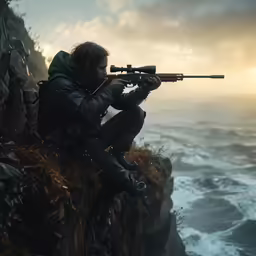 a man with long hair holding a rifle while sitting on a cliff