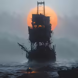 a ship is surrounded by ocean fog at sunset
