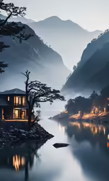 a house sitting on a shore near the water