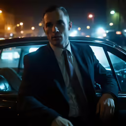 a man sitting in a car at night