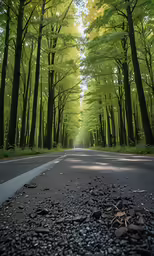 the asphalt has been raked around the tree lined roadway