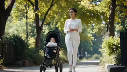 a woman walking on a tree covered street with a baby
