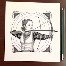 a sketch of a person aiming an arrow,the young girl is holding her bow with her hands,a woman holding a bow and arrow in her hand,a woman is holding a bow and arrow while drawing,an ink drawing of a girl in a courd outfit