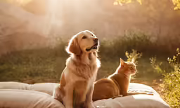 a cat is sitting on a dog bed outside