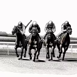 a group of horses racing around a track,four jockeys on horse back with two in line