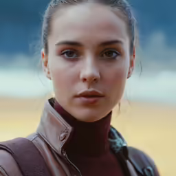 a woman in a brown jacket with long ponytail