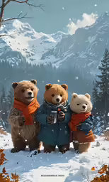 four stuffed bears wearing winter clothes standing in the snow