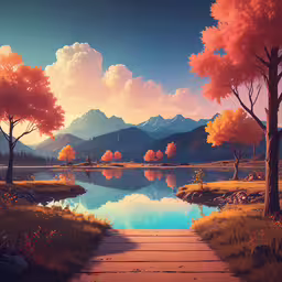a painting of a beautiful landscape with mountains, trees, water and a walkway,a wooden walkway goes to a beautiful lake
