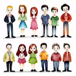 several people standing in a row together,four different cartoon figures of people in different colors