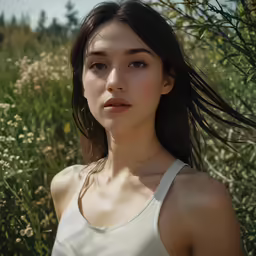 an attractive woman stands in a field wearing a necklace