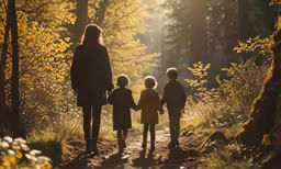 three kids and their mother holding hands while walking through the woods
