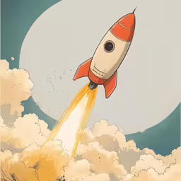 a cartoon rocket launch with clouds and sky