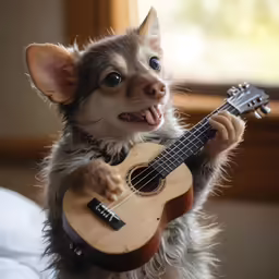 a kitten with blue eyes and black ears playing a ukulele