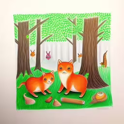an artistic print of two red foxes next to trees and logs