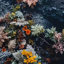 the leaves are growing in a puddle of water