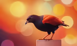 a small black and orange bird with a red spot on his beak