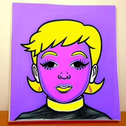this drawing is done in acrylic style of a girl with yellow hair and big eyes,the young blonde haired girl has been painted on a purple background,a painting of a blond woman with blue eyes,a painting of a girl wearing bright pink, yellow and purple makeup,a colorful drawing of a female