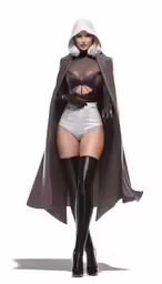 the beautiful lady in a bodysuit and cape poses for the camera