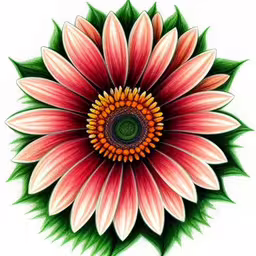 a large flower with red, white and green petals,a large flower is depicted in this drawing,a flower with green leaves and pink petals on a white background,an intricate pink and red flower drawn by colored pencils,a white and red flower with green leaves