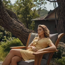 the young woman in a yellow dress is sitting on a chair